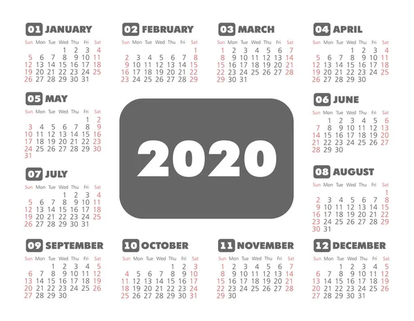 Vector kalender 2020 jaar. Week begint vanaf zondag — Stockvector