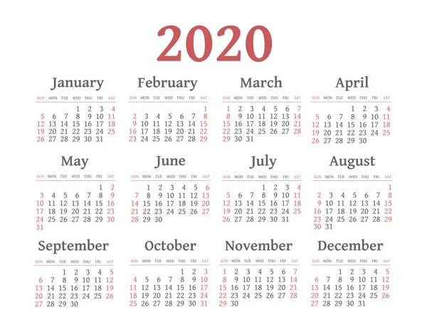 벡터 달력 2020 년입니다. 주일요일부터 시작 — 스톡 벡터