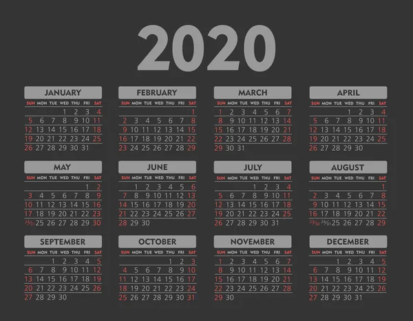 Διάνυσμα ημερολόγιο 2020 έτος. Η εβδομάδα ξεκινά από την Κυριακή — Διανυσματικό Αρχείο
