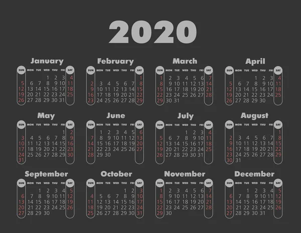 Διάνυσμα ημερολόγιο 2020 έτος. Η εβδομάδα ξεκινά από την Κυριακή — Διανυσματικό Αρχείο