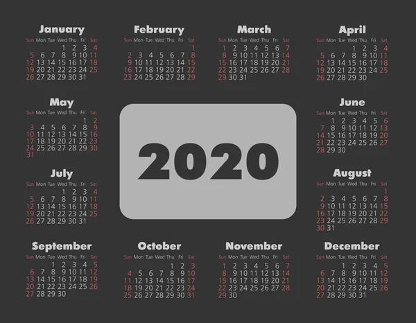 矢量日历 2020 年。周从星期日开始 — 图库矢量图片