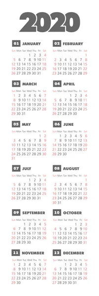 Calendario vectorial 2020 año. La semana comienza el domingo — Vector de stock