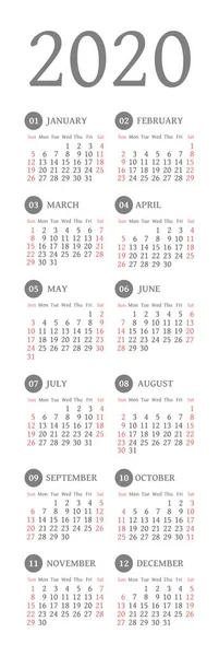 Calendario vectorial 2020 año. La semana comienza el domingo — Vector de stock