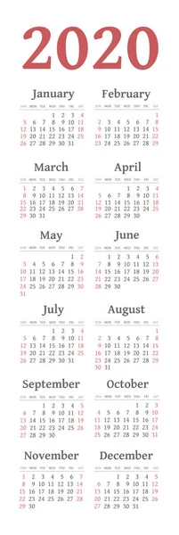 Vector calendar 2020 year. Week starts from Sunday — Stock Vector