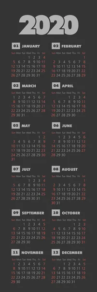 Calendario vectorial 2020 año. La semana comienza el domingo — Vector de stock