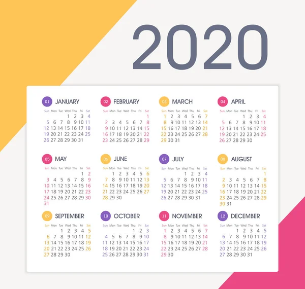 Calendrier vectoriel 2020 année. Semaine commence à partir de dimanche — Image vectorielle