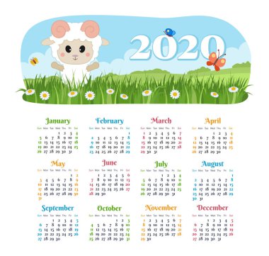 Vektör takvimi 2020 yıl. Hafta Pazar başlıyor