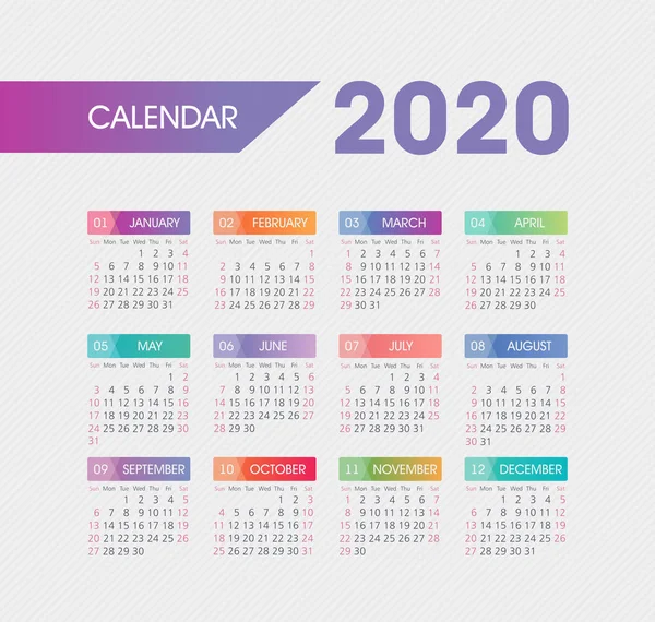 Vector kalender 2020 jaar. Week begint vanaf zondag — Stockvector