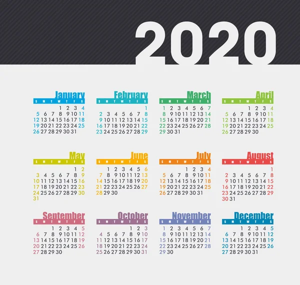 Calendario vectorial 2020 año. La semana comienza el domingo — Vector de stock