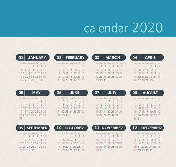 Vector kalender 2020 jaar. Week begint vanaf zondag — Stockvector