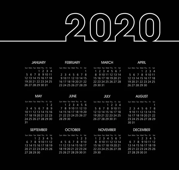 Vector kalender 2020 jaar. Week begint vanaf zondag — Stockvector