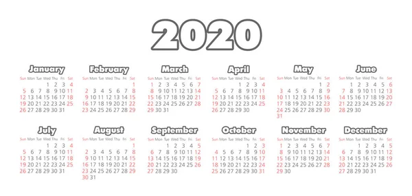 Vector calendar 2020 year. Week starts from Sunday — Stock Vector