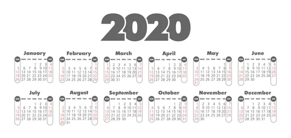 Calendario vectorial 2020 año. La semana comienza el domingo — Vector de stock