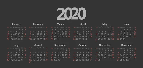 Векторний календар 2020 року. Тиждень починається з неділі — стоковий вектор