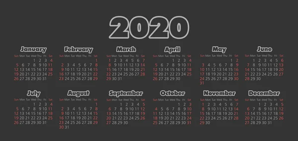 벡터 달력 2020 년입니다. 주일요일부터 시작 — 스톡 벡터
