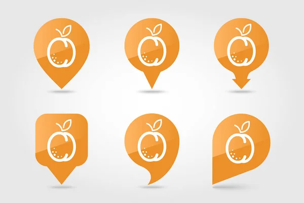 Aprikos, persika med löv stift karta ikon — Stock vektor