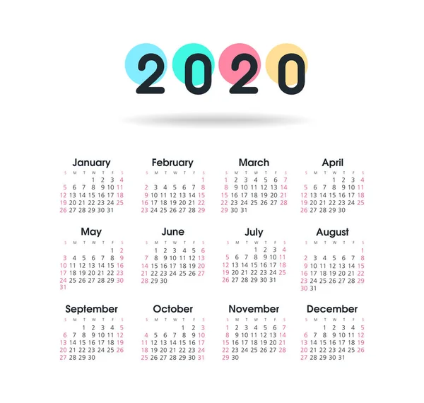 Calendrier vectoriel 2020 année. Semaine commence à partir de dimanche — Image vectorielle