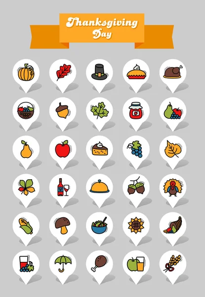 Thanksgiving dag PIN kaart icon set. Oogst — Stockvector