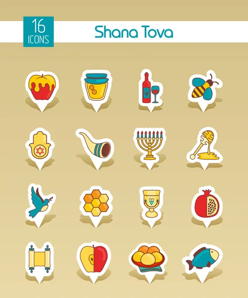 Rosh Hashanah, Set di icone di Capodanno ebraico Shana Tova — Vettoriale Stock