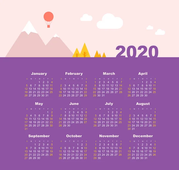 Calendrier vectoriel 2020 année. Semaine commence à partir de dimanche — Image vectorielle