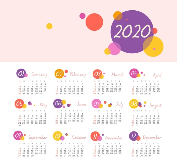 Calendrier vectoriel 2020 année. Semaine commence à partir de dimanche — Image vectorielle