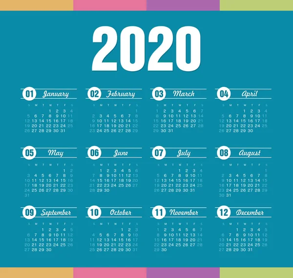 Vector kalender 2020 jaar. Week begint vanaf zondag — Stockvector