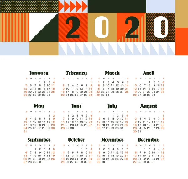 Calendario vettoriale 2020 anno. Settimana a partire da Domenica — Vettoriale Stock