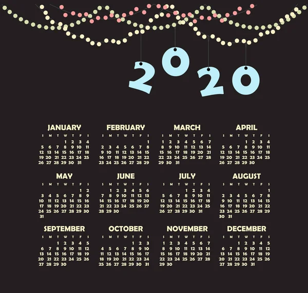 Vector kalender 2020 jaar. Week begint vanaf zondag — Stockvector