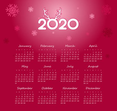 Vektör takvimi 2020 yıl. Hafta Pazar başlıyor