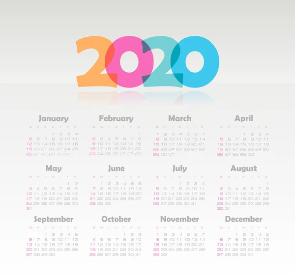 Vector kalender 2020 jaar. Week begint vanaf zondag — Stockvector