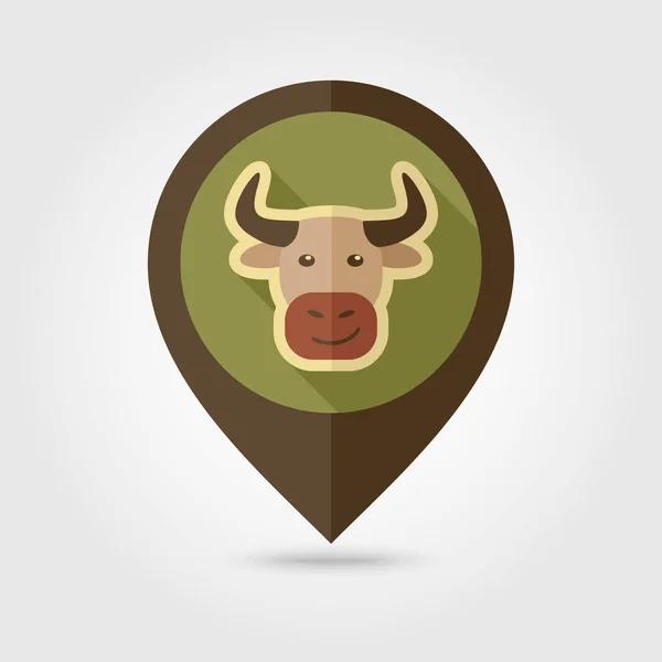 Toro plano pin mapa icono. Vector cabeza animal — Vector de stock