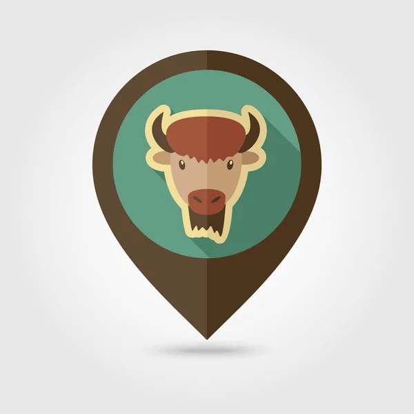 Bizon buffalo wół mapę ikonę pinezki płaski. Głowy zwierząt — Wektor stockowy
