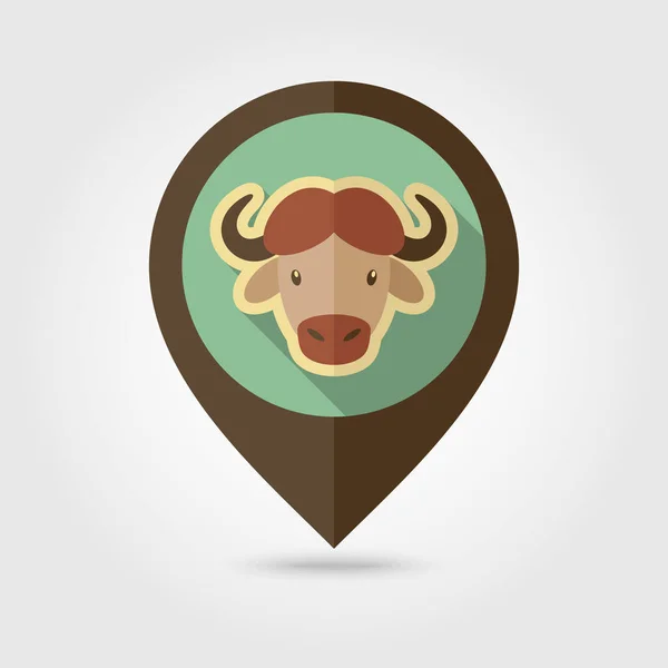 Buffalo Bizon wół mapę ikonę pinezki płaski. Głowy zwierząt — Wektor stockowy
