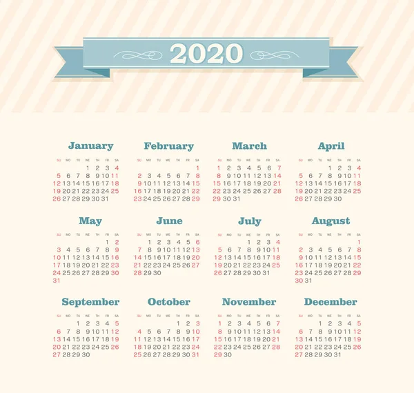 Vector kalender 2020 jaar. Week begint vanaf zondag — Stockvector