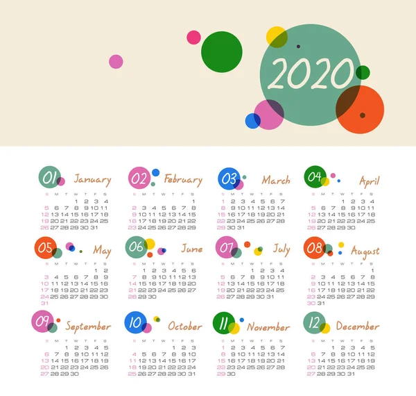 Calendario vectorial 2020 año. La semana comienza el domingo — Vector de stock