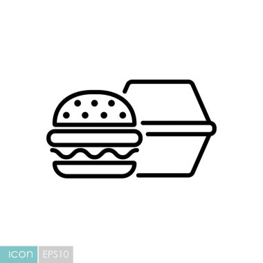 Kapalı karton kutu vektör ikonlu burger. Teslimat tabelası. Yemek pişirme web sitesi ve uygulama tasarımı, logo, uygulama, UI için grafik sembolü