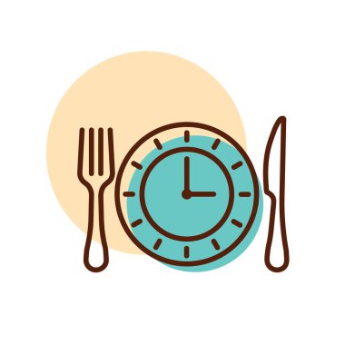 Bıçak ve çatalla kaplanmış bir saat simgesi. Teslimat tabelası. Yemek pişirme web sitesi ve uygulama tasarımı, logo, uygulama, UI için grafik sembolü