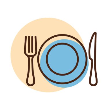 Yemek tabağı, bıçak ve çatal vektör ikonu. Yemek pişirme web sitesi tasarımı, logo, uygulama, Ui için grafik sembolü