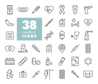 Tıbbi vektör simgeleri ayarlandı. İlaç ve sağlık sigortası, tıbbi destek işareti. Tıbbi web sitesi ve uygulama tasarımı için grafik sembolü, logo, uygulama, UI