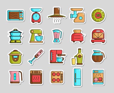 Mutfak aletleri elektronik elektrikli ekipman vektör ikonu seti. Yemek pişirme web sitesi ve uygulama tasarımı için grafik sembolü, logo, uygulama, Ui