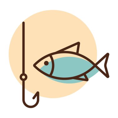 Balık vektör ikonuyla olta. Kamp ve yürüyüş işareti. Seyahat ve turizm web sitesi ve uygulama tasarımı, logo, uygulama, UI için grafik sembolü