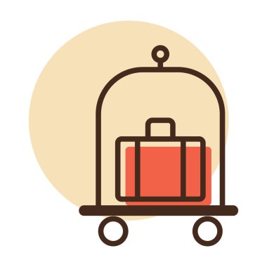 Bagajlar, bavullar, tramvay düz vektör ikonu. Otel tabelası. Seyahat ve turizm web sitesi ve uygulama tasarımı, logo, uygulama, UI için grafik sembolü