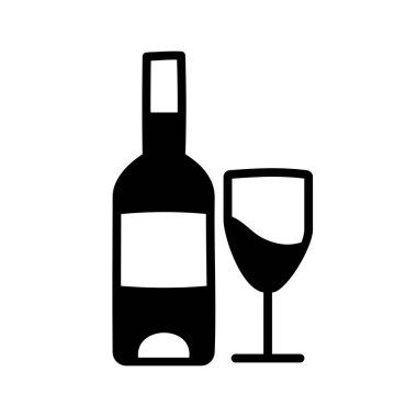Şarapla dolu bir bardağın yanında bir şişe şarabın temiz, klasik vektör silueti. Bu simge restoranlar, şaraphaneler, kutlamalar ve güzel yemekler için mükemmel bir tasarım..