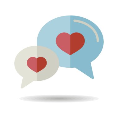 Konuşma balonları ile kalp simgesi. Sevgililer günü sembolü. Vektör çizim, romantizm unsurları. Etiket, yama, rozet, kart için evlilik, düğün