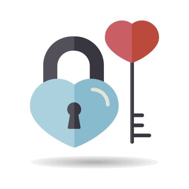 Anahtar ve kilit kalp şekli simgesi. Sevgililer günü sembolü. Vektör çizim, romantizm unsurları. Etiket, yama, rozet, kart için evlilik, düğün