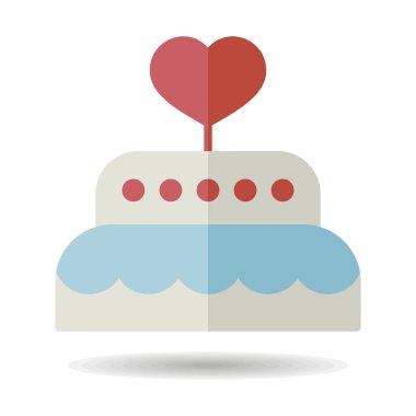 Wedding cake dessert with heart icon. Valentines day symbol. Vector illustration, romance elements. Sticker, patch, badge, card for marriage