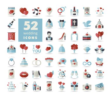 Wedding, marriage, bridal isolated icon set. Vector illustration, romance elements. Sticker, patch, badge, card for marriage, valentine