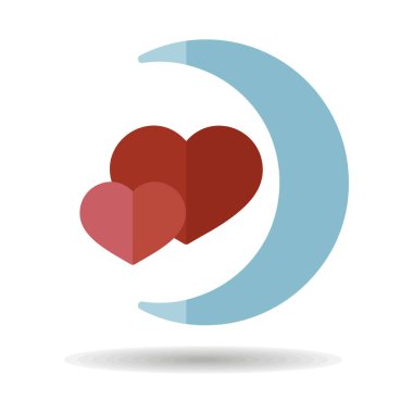 Crescent moon with heart shaped stars isolated icon. Vector illustration, romance elements. Sticker, patch, badge, card for marriage, valentine