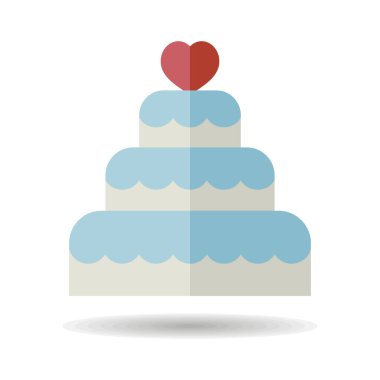 Stacked wedding cake dessert with heart topper isolated icon. Vector illustration, romance elements. Sticker, patch, badge, card for marriage, valentine