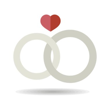 Wedding rings with a heart isolated icon. Vector illustration, romance elements. Sticker, patch, badge, card for marriage, valentine